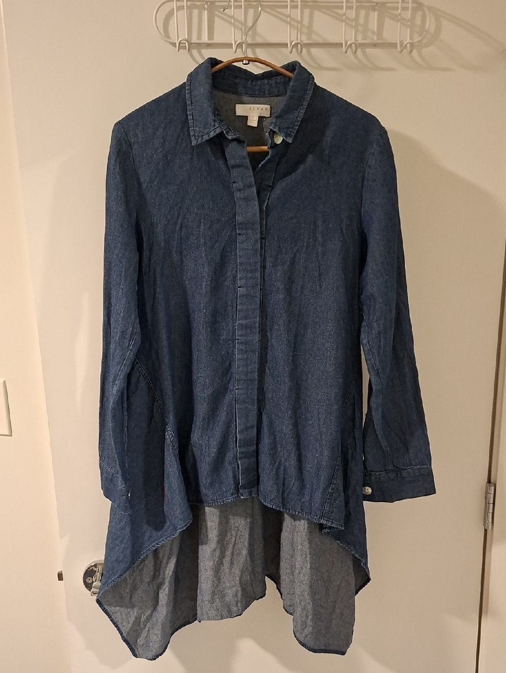Kenar Dark Blue Denim Unique Lagenlook High/Low Hem Button-down Shirt (Size S)